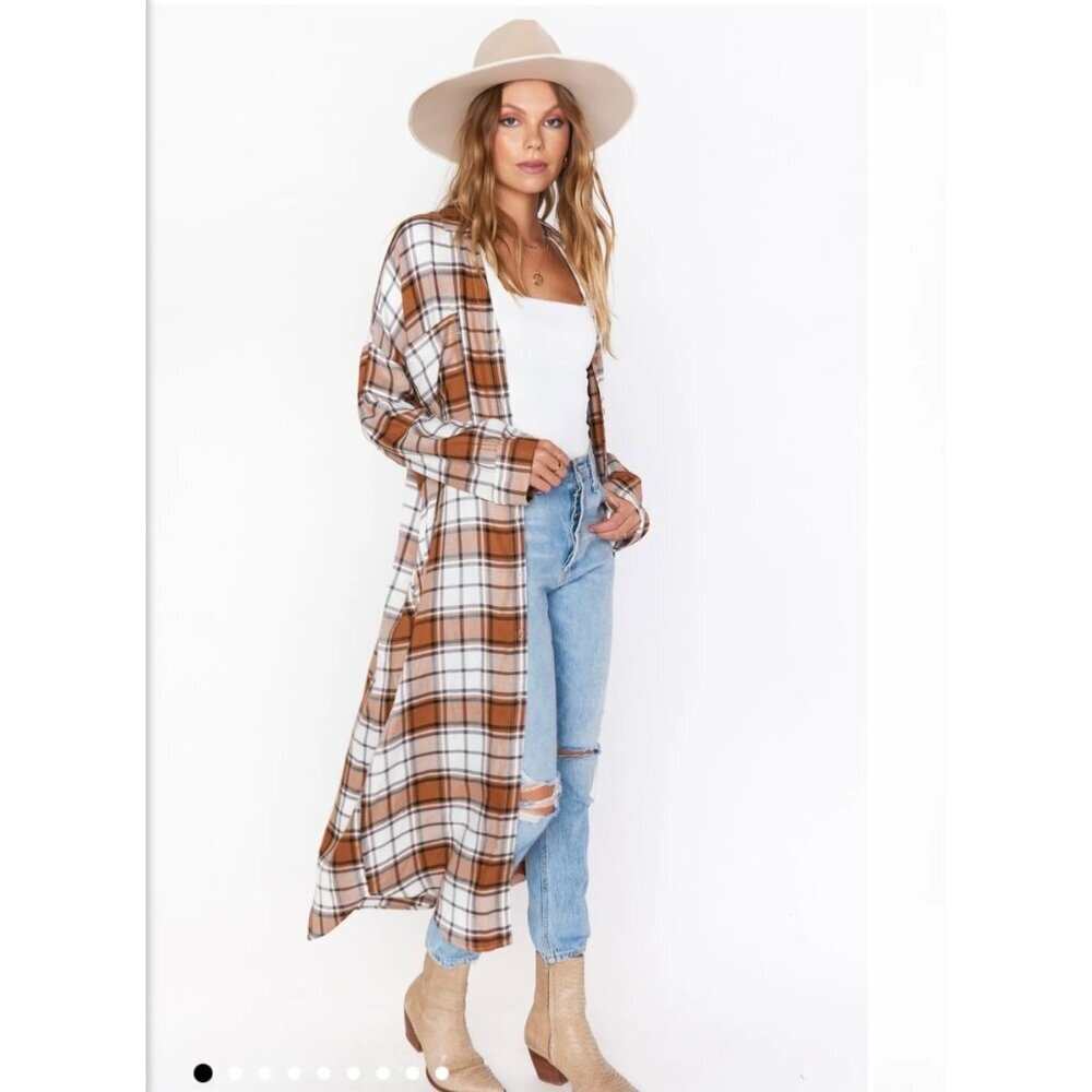 Show Me Your Mumu Leo Button Down Long Tunic Dress Size Small Tan/Blue Plaid
